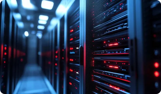 Hosting & Colocation Rows of server racks in a data center